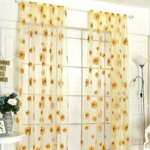 2pcs Set Sunflower Print Rod Pocket Sheer Curtains